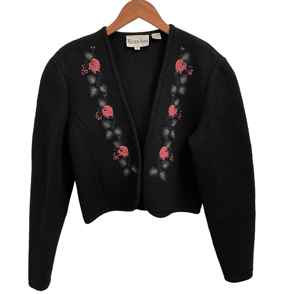 BRANDON Vintage Pure Virgin Wool Cropped Floral Embroidered Cardigan Size 10